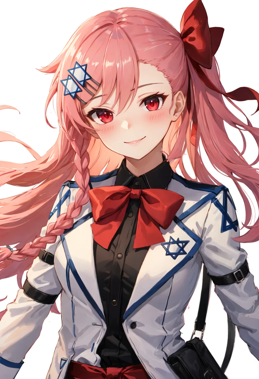 best quality, masterpiece, highres, solo, {negev_girlsfrontline:0.90}, 1girl, shirt, simple_background, smile, star_of_david, upper_body, blush, looking_at_viewer, red_ribbon, white_background, bowtie, closed_mouth, collared_jacket