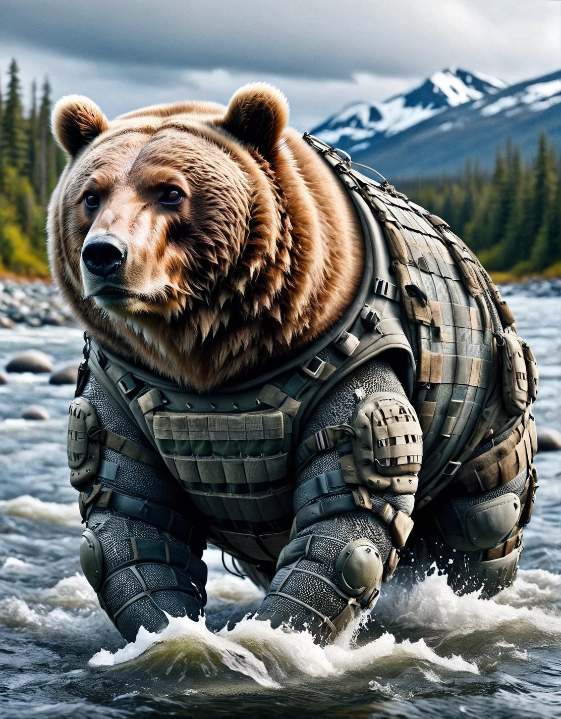 Powerfu ais-rmr l bear catching salmon in a rushing river amidst the Alaskan wilderness <lora:ais-rmr-sdxl:1>