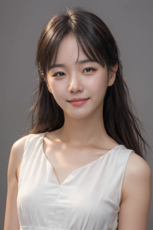 (A photo of your face:1.25), 6 years old, (Baby Face:1.4), (Round face:1.4), One Japanese woman, beautiful girl, Pretty face, (View your audience), (Standing facing the camera), (smile), (Beige tank top)、(Pure white background:1.2)