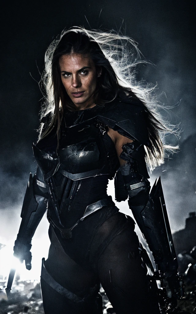 photograph, cinematic dark photo portrait of beautiful nude female wear tight skimpy mecha armor, broken armor, torn clothes, dirty, dirt, scar, angry smirk, toned muscles, long messy hair, perfect body shape, close mouth, photorealistic highly detailed hard surface modeling texture, wind blow, (dark night, big explosion, destroyed city, low key, rim light), sharp focus, heroic pose, face focus, dramatic cinematic lighting, atmospheric fog, (dark hue), foreground particles, FOV, cinestill