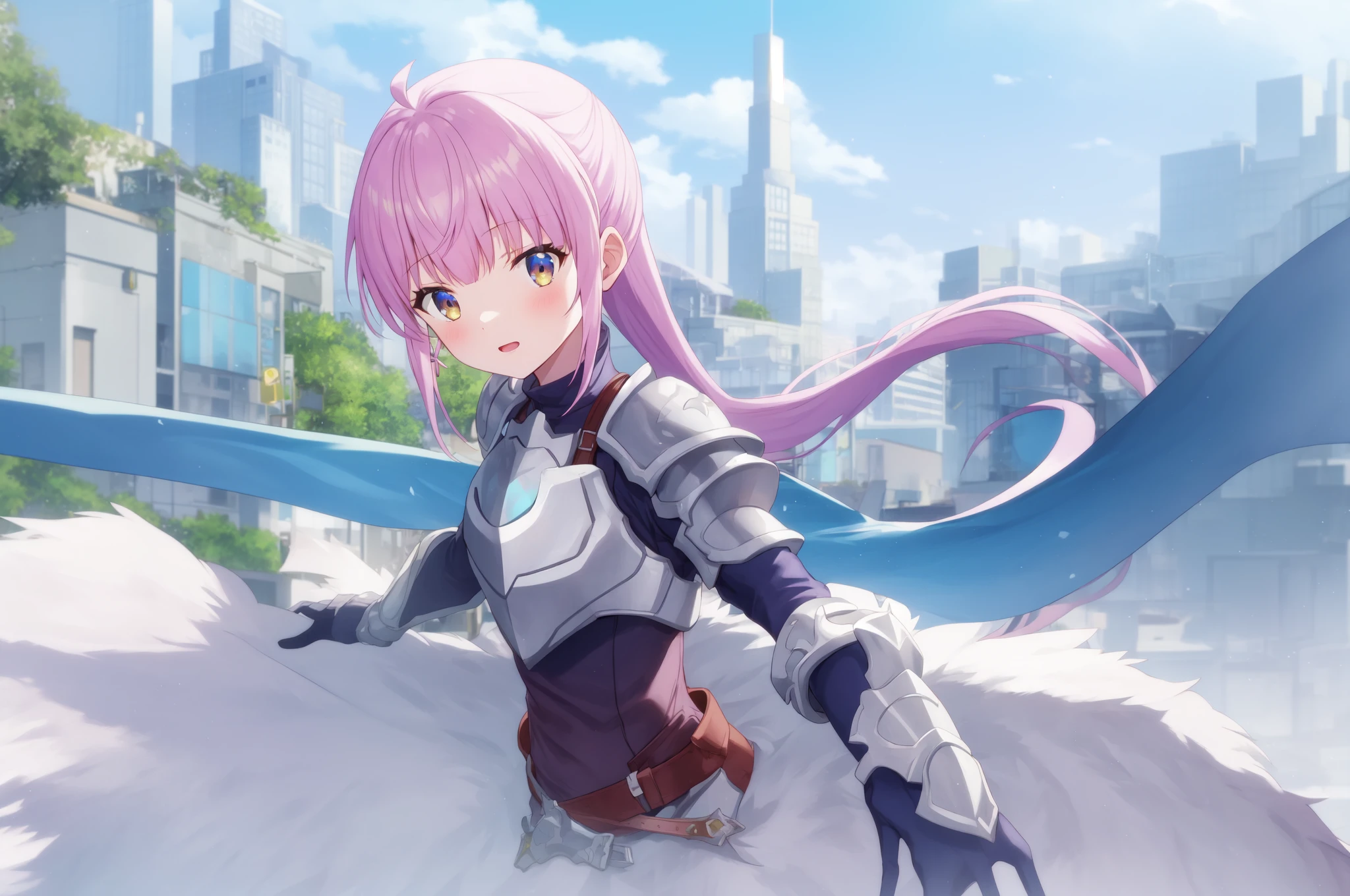 kazairokotone, 1girl, armor, rider belt, solo, city, blue armor, looking at viewer, upper body, shoulder armor, outdoors, building, gloves