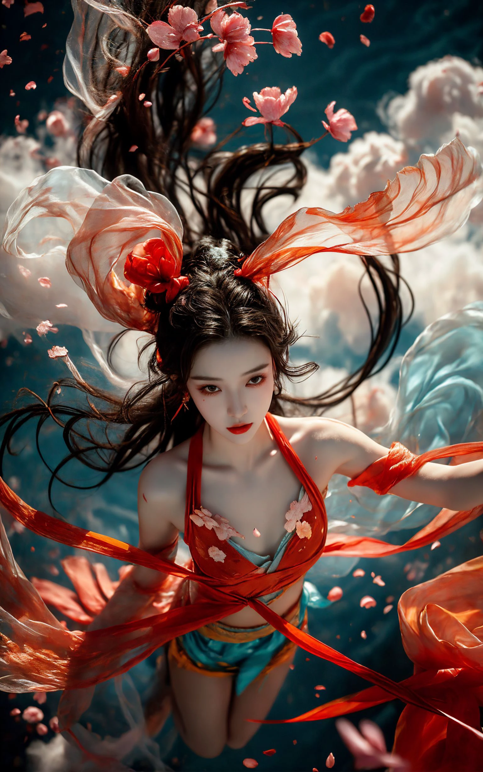 xuer Fairy in Clouds,Clouds,Fog,smoke,(full body:1.1),Fly,(float,fall:1.4),Dynamic Angle,Perspective,
medium breasts,(Scattered petal:1.3),Cyan red ribbon,
<lora:~Q?-NN-NV3 xuer Fairy in Clouds:0.8>,long hair,
