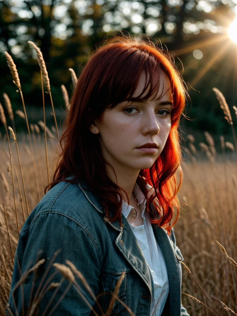 cinematic film still, close up, photo of redheaded girl near grasses, fictional landscapes, (intense sunlight:1.4), realist detail, brooding mood, ue5, detailed character expressions, light amber and red, amazing quality, wallpaper, analog film grain, jacket