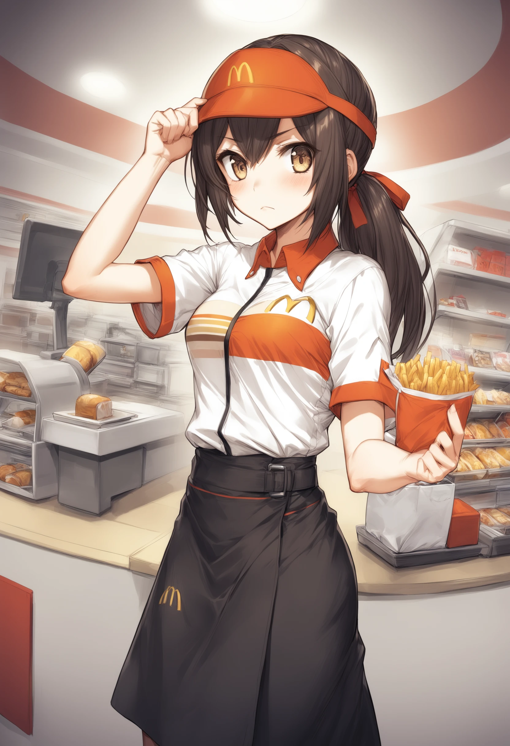 1girl, <lora:sdxl2-flat2-512b:-1>,medium breasts,solo,
<lora:macXLv1:1.0>,mac,solo, employee uniform, fast food uniform, visor cap, short sleeves, clothes writing,
dutch angle, wide shot, looking away, frown, closed mouth,
best quality,medium quality,