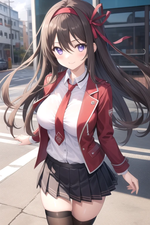 ((masterpiece)),(best quality),official art,extremely detailed CG,unity 8k wallpaper,ultra detailed,beautiful detailed eyes,extremely detailed face,street,1girl,solo,cowboy shot,looking at viewer,facing viewer,smile,yuuouji ouka,very long hair,brown hair,floating hair,red hairband,hair ribbon,red ribbon,hair bow,sidelocks,hair between eyes,purple eyes,red jacket,open jacket,wing collar,collared shirt,white shirt,taut shirt,long sleeves,large breasts,plaid necktie,necktie between breasts,miniskirt,grey skirt,pleated skirt,zettai ryouiki,black thighhighs,boots,<lora:Yuuouji Ouka(noucome)>,