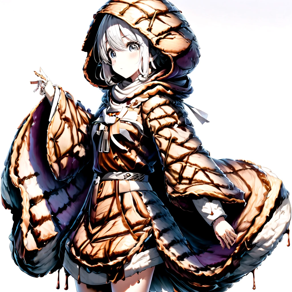 Create a vivid anime image of a vivid young anime girl. Her hair, eyes and skin should be light grey. She is wearing a hooded brown robe with ribbon, scarf and long boots.
1girl, solo, (hood up:1.5), (simple white background:1.5), (dynamic pose:1.5), (dynamic angle:1.5), (from side:1.5), <lora:steakishou_v1:1>, steakishou