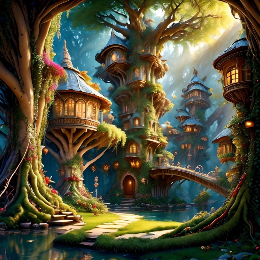 (masterpiece:1.2), (best quality,:1.2), 8k, HDR, ultra detailed, ((photorealistic)), perfect anatomy, professional light, cinematic lighting, fashion photography, ambient lighting,<lora:detail_slider_v4:2>, OverallDetail, S a highly detailed WoodElf fantasy settlement, tree houses, magical waterfall, bridges, forest, walls, <lora:WoodElf-10:1>, ((perfect hands)), epiCPhoto