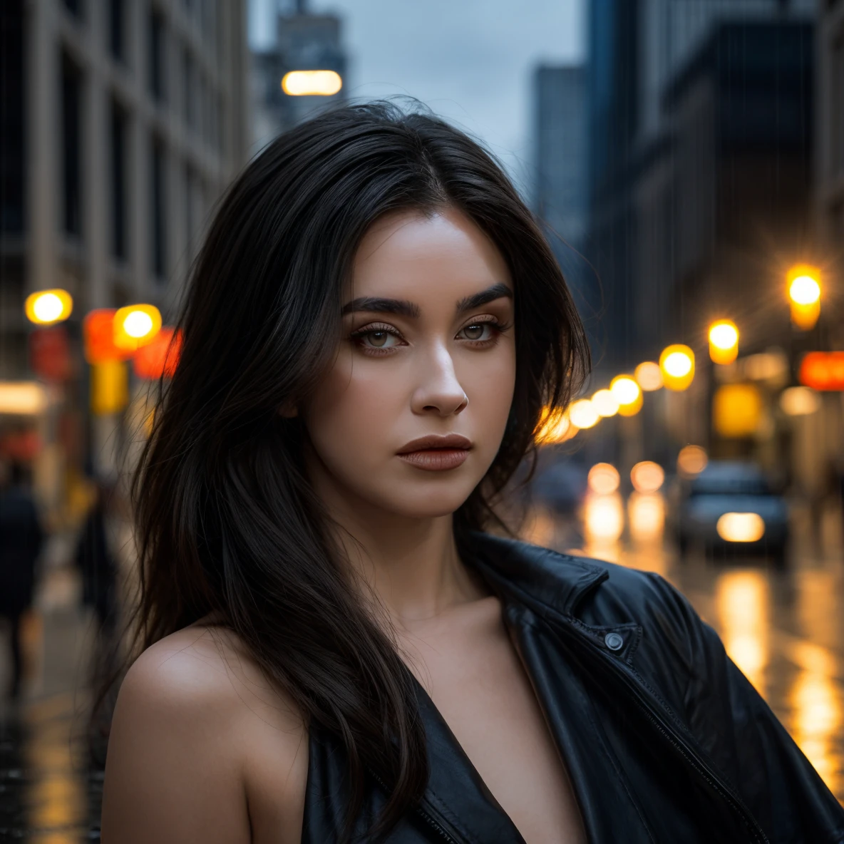 young woman, series, with dark green eyes and very long straight black hair, wearing a beige overcoat, mysterious, reddish olive skin, tthin eyebrows, very fleshy lips, look like Angelina Jolie