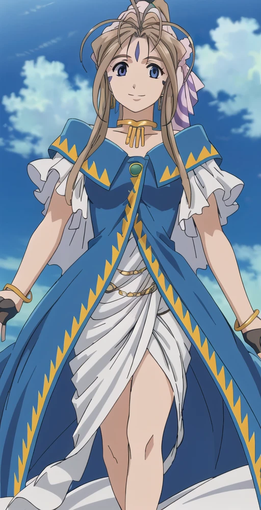 BelldandyV2, 1girl, solo, portrait, smile, goddess outfit, legs, high ponytail, headdress, gloves, bangles, sky clouds, floating, perfect quality, good quality, masterpiece, HDR, UHD <lora:Belldandy V2-000004:0.8>