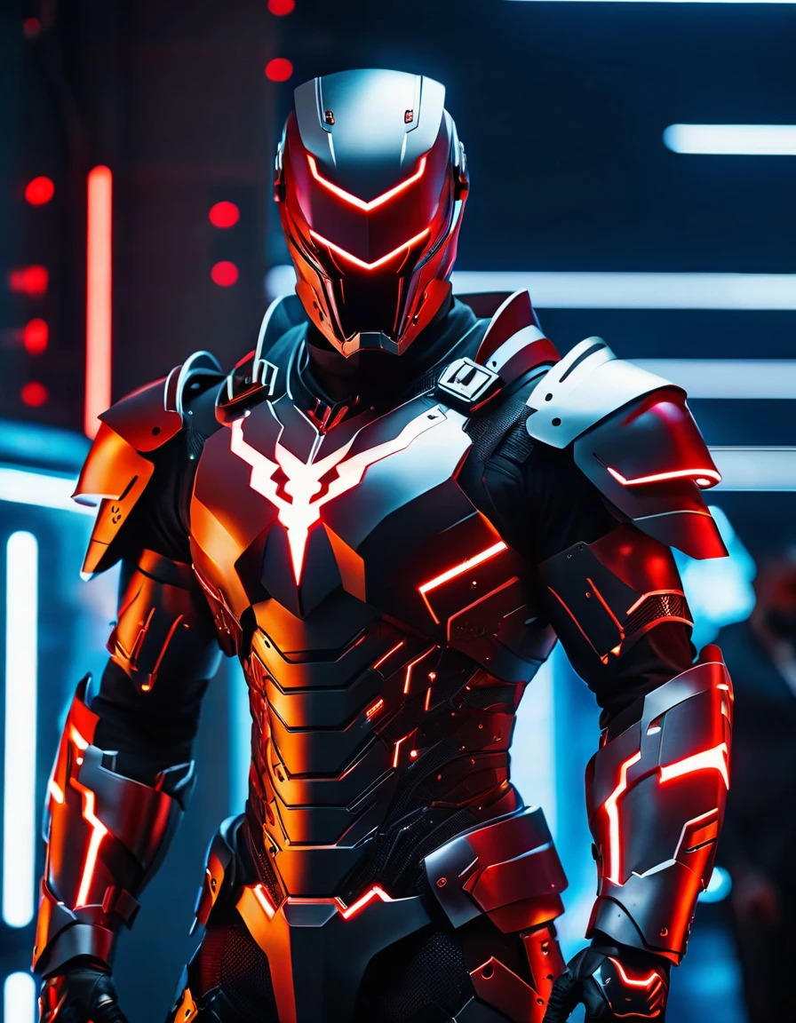 cinematic photo a man in a suit with red lights, trending on unreal engine, clothed in cyber armour, black armor, lightning background, by Ben Enwonwu, ultra view, crow in cyber armour, muscular male hero, opaque visor, grey metal body . 35mm photograph, film, bokeh, professional, 4k, highly detailed