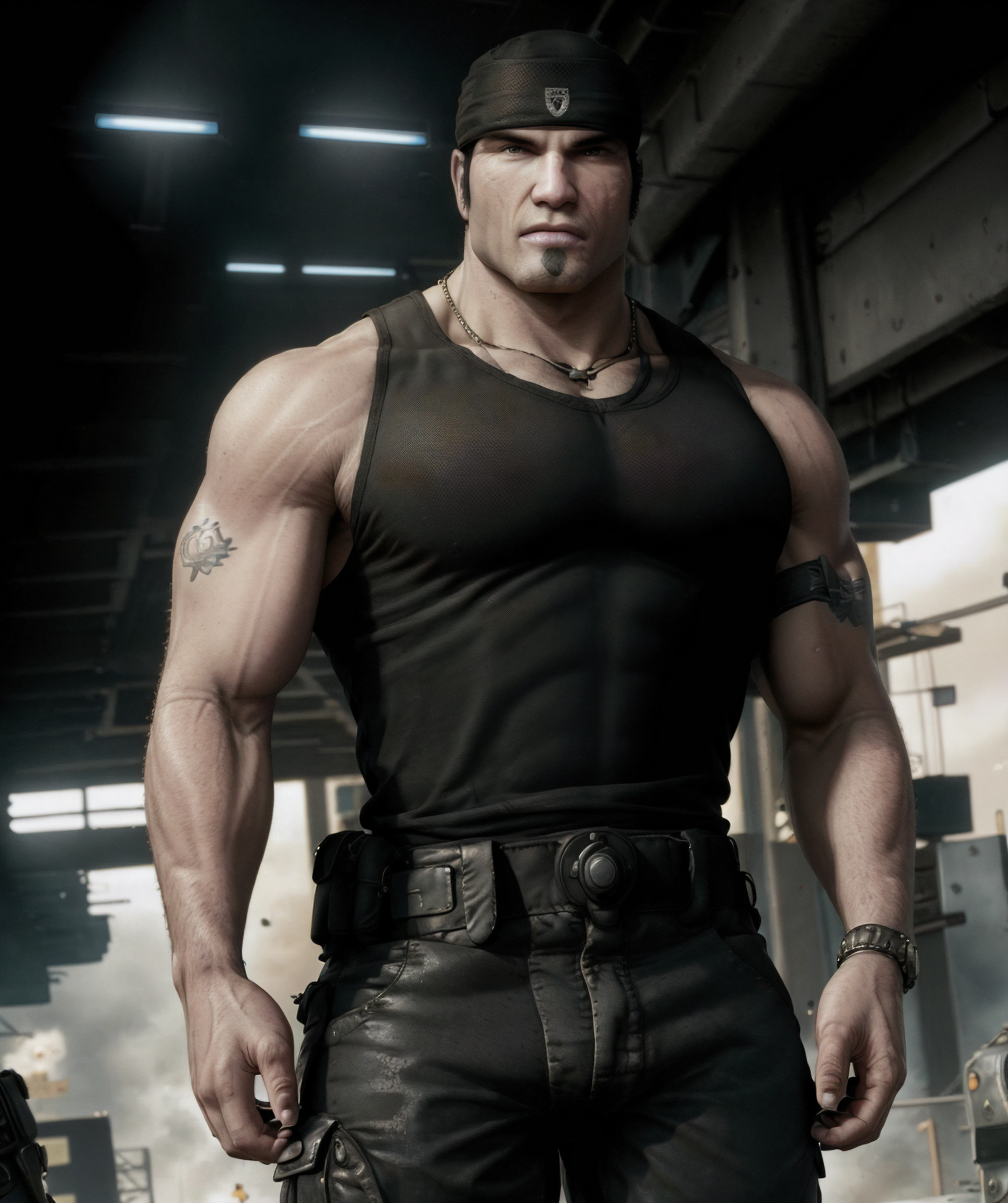 og_marcus_fenix, looking at viewer, tank top, necklace, walking, catwalk, model, long pants, audience, black bandana <lora:OG_Marcus_Fenix:0.85>