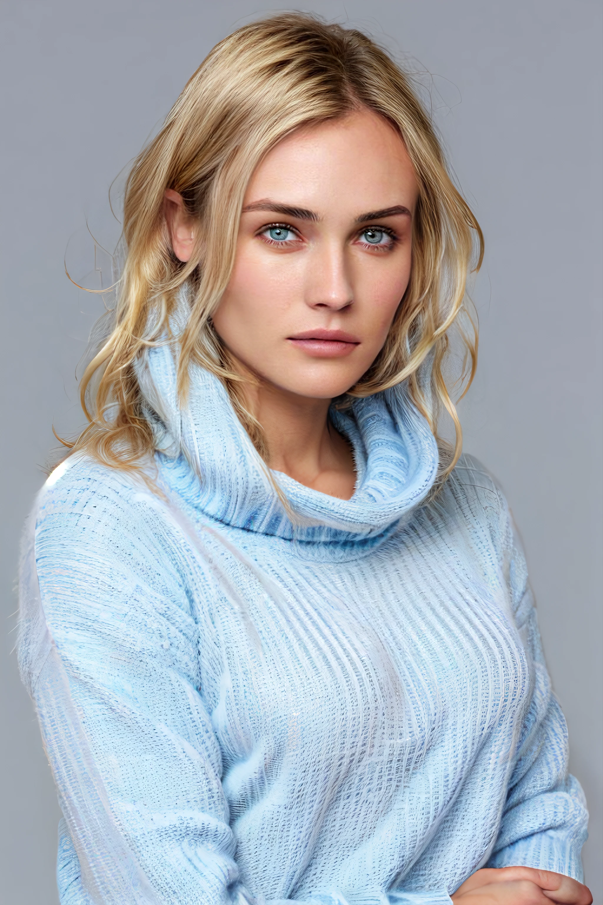 Portrait of a model woman with blond hair and light blue eyes in a warm designer sweater, in the style of branded clothing, With the sweater in full view, Panasonic GH5, happy expressions, low key image, sharp texture - Image #2 @SlengSleng, seductive mood, sexy