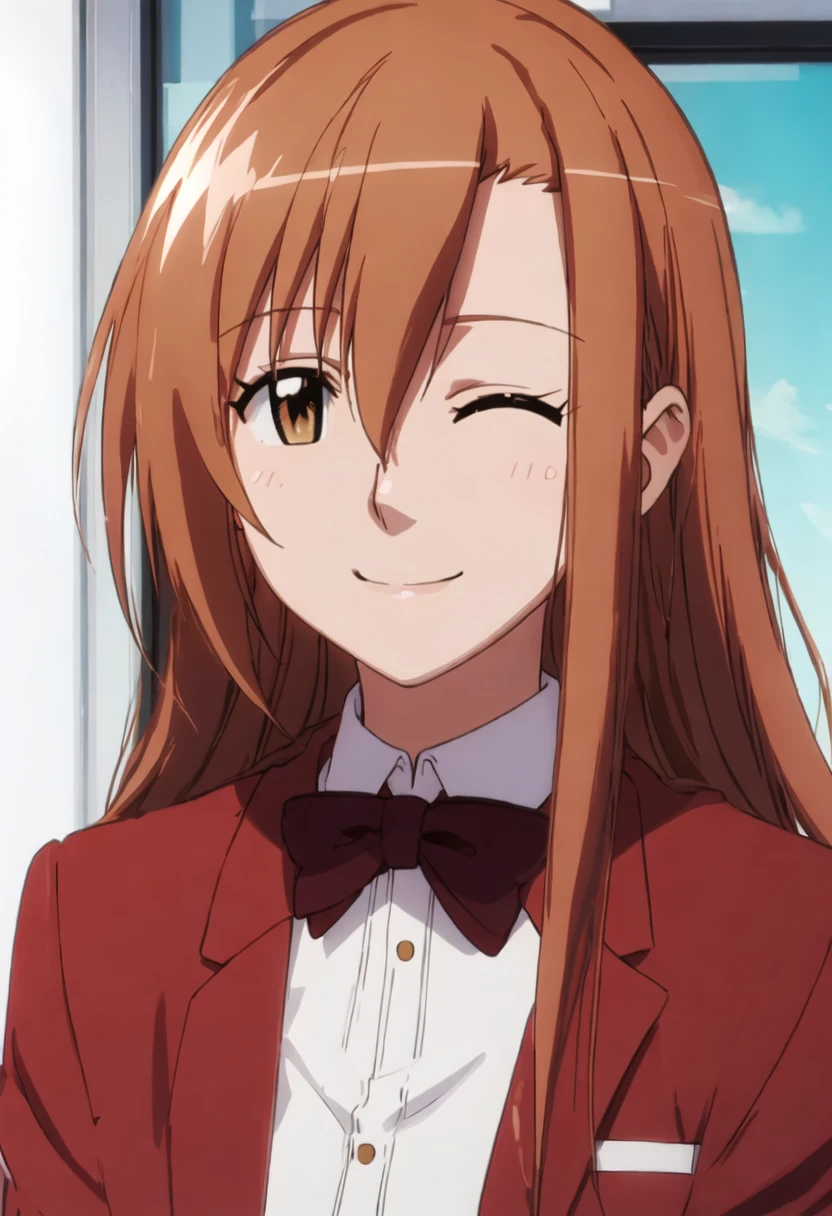 best quality, masterpiece, highres, solo, {shichijou_aria_seitokaiyakuindomo:0.90}, smile, happy, one_eye_closed, portrait, looking at viewer