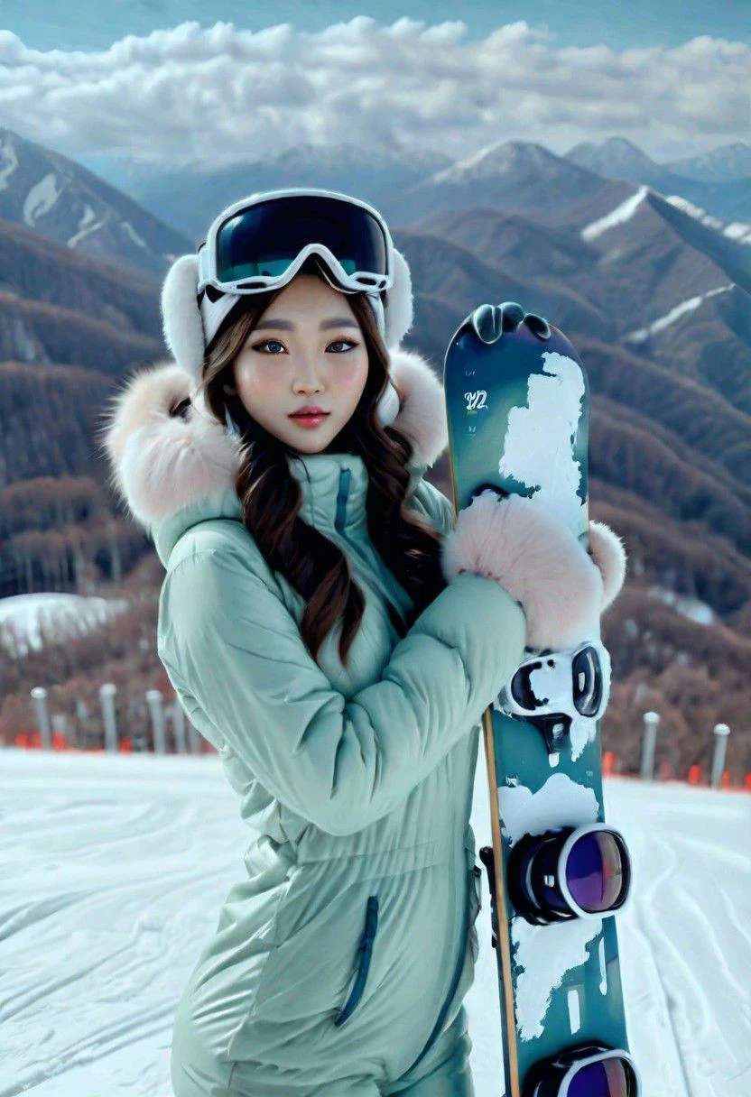 film still, snowbunnies, korean instagram model poses for a photo at a ski resort mountaintop, asian beauty, perfect bust, holding snowboard, fur hooded ski jacket, goggles on head, detailed face, perfect makeup, long eyelashes, ((depth of field))