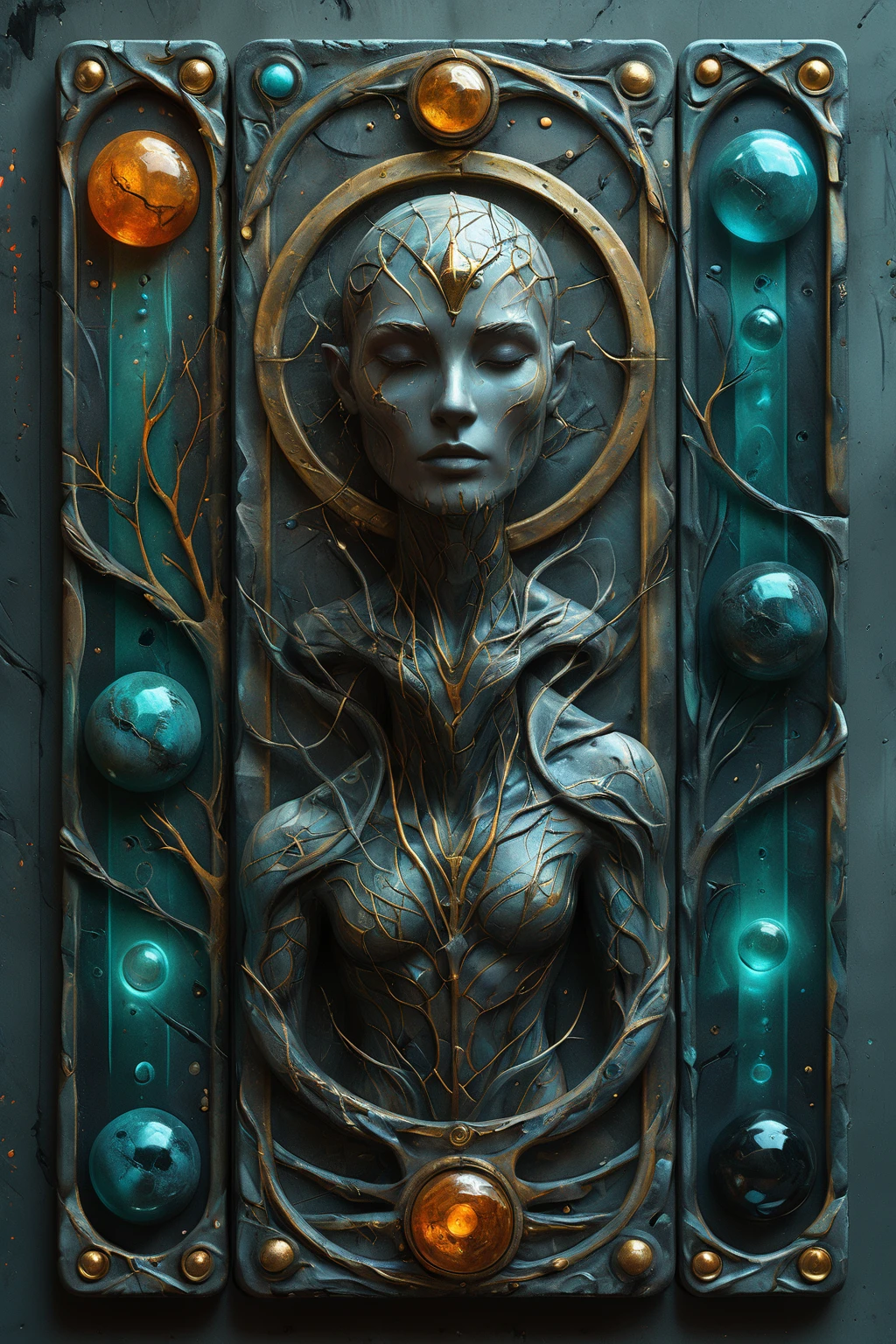 <lora:artfullyENGRAVED_SDXL_V1:0.4>,masterpiece,intricately detailed,high resolution,best quality,absurd resolution,mastercrafted, Mock ui, occult themed, oracle customized deck creator, 3 PERSONAS, colorful storytelling, dark cyan and amber, detailed atmospheric portraits, detailed character design, dreamlike illustration, flowing textures, in the style of realistic and hyper-detailed renderings, mysterious beauty, in the style of realistic fantasy artwork, in the style of dreamlike illustration, in the style of hyper-detailed illustrations, three tarot cards are standing amongst a dark landscape ,granite,ivory,obsidian,stained glass,transluscent,masterpiece,brilliant color story,illusionism,futuristic geometric abstractionism,in the style of hyperrealism,organic,male oracle,<lora:artfullymaleform_sdxl_v1:0.35>,<lora:ARTFULLYORACLESDXL-V1:0.4>,<lora:artfullydrow__sdxl_v1:0.26>,<lora:artfullyDRUID_sdxl_v1:0.45>,