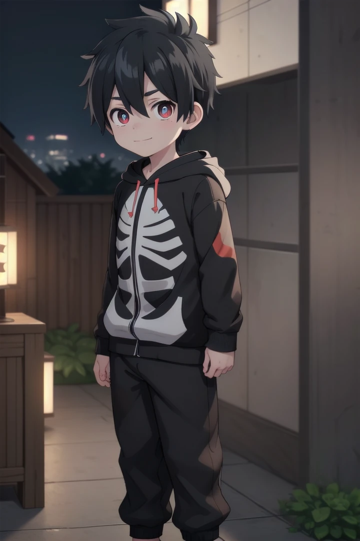 <lora:kabanesd-000012:0.6>
1boy named kabane_kusaka, 
black hair,
standing alone in a city, 
his pupils are white his corona is red, 
he has a smirk on his face,
(black onesie:1.2) with (skeleton pattern:1.2), 
draw it in the style of Kemono Jihen,
hood down
black short pants,
The soft lighting and detailed surroundings create an immersive environment where imagination runs wild hyper-detailed,
hyper-detailed face, high quality visuals, dim Lighting, sharply focused, octane render, 8k UHD,
 GS-Boyish,  AS-YoungV2