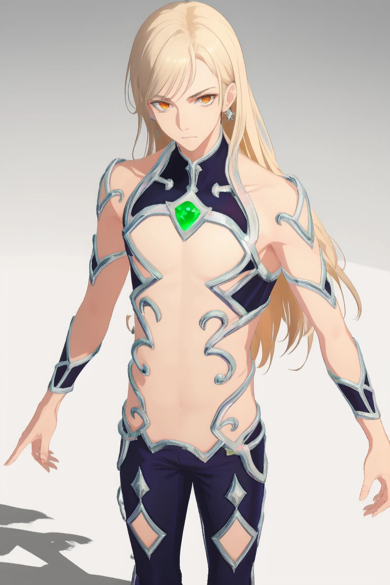 masterpiece, best quality, highres, 1boy, orange eyes, blonde hair, absurdly long hair, Male focus, upppler body, smirk, cute, earrings, wearing a revealing clothes adorned with gems, looking at the viewer, selfie view, clothing cut-outs, masculine, solo, <lora:qshclothes:0.7:OUT:0.6>, <lora:add_detail:0.3>