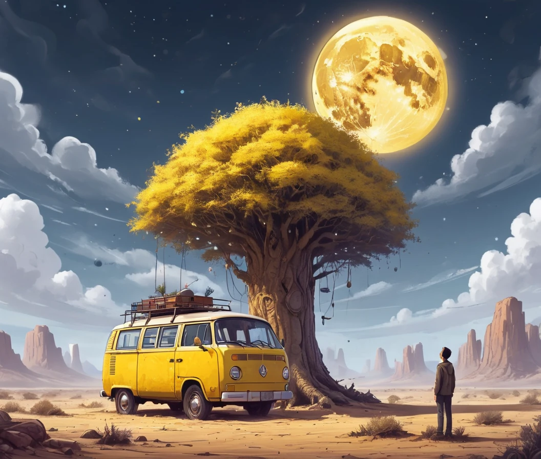 <lora:Dreamyvibes - Alt-Version - Trigger is Dreamyvibes Artstyle:1> yellow van parked in a desert area with a clock growing out of a tree . A man is standing nearby, possibly admiring the clock or admiring the van. The clock is positioned at the top of the tree, and the van is parked below it. In the background, there is a large moon and several planets, adding to the surreal and imaginative atmosphere of the scene. dreamyvibes artstyle