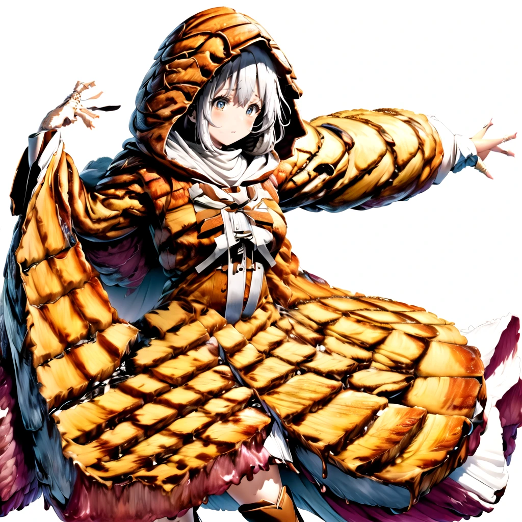 Create a vivid anime image of a vivid young anime girl. Her hair, eyes and skin should be light grey. She is wearing a hooded brown robe with ribbon, scarf and long boots.
1girl, solo, (hood up:1.5), (simple white background:1.5), (dynamic pose:1.5), (dynamic angle:1.5), <lora:steakishou_v1:1>, steakishou