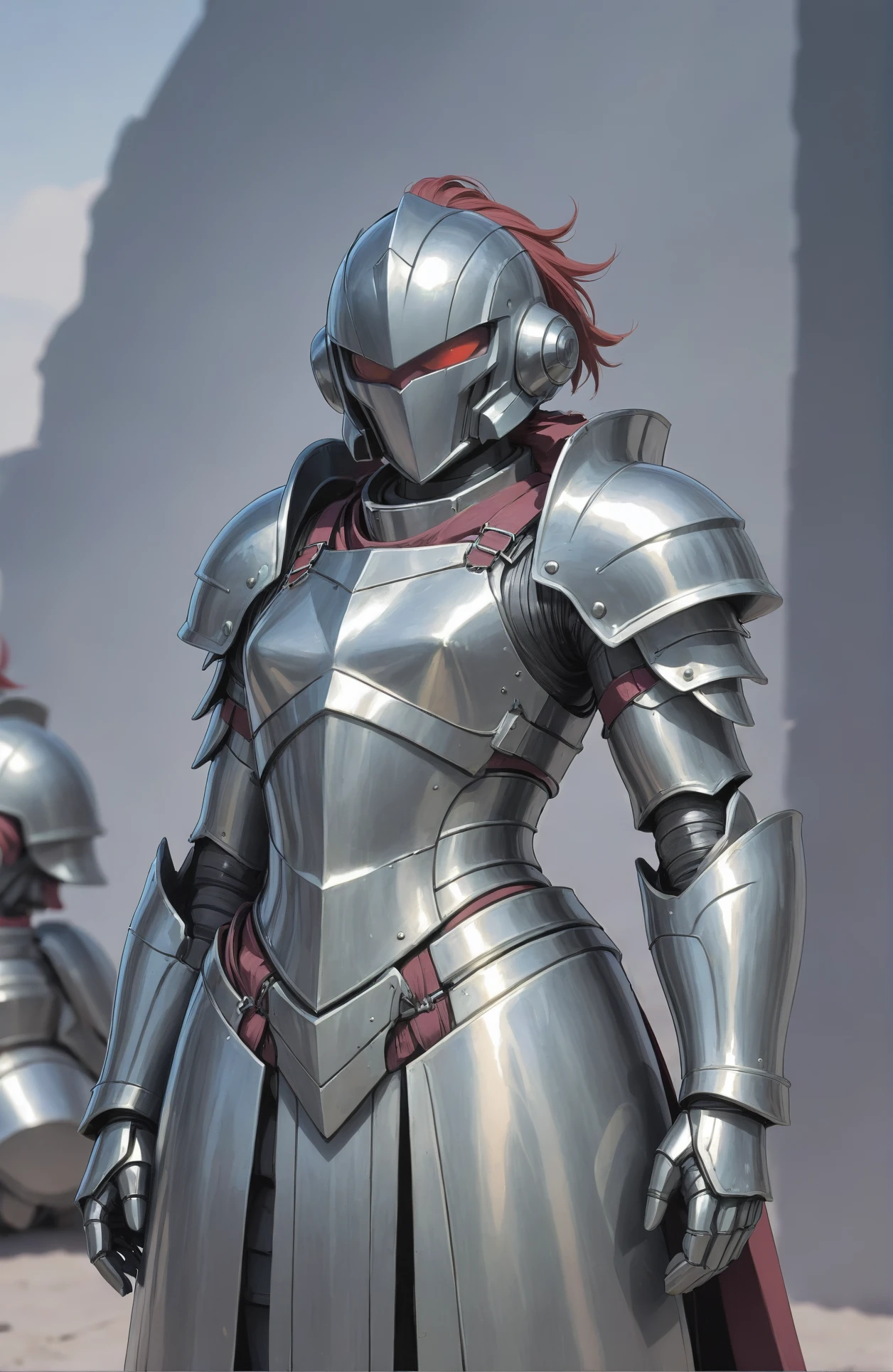 1girl, woman, punk rocker bad girl, [:skimpy, intricate costume design,:0.2], punk hair, iridescent gray hair with crimson highlights, hair ribbon, bombshell hair, ginger hair with red highlights, Blunt Cut, slim, atheletic figure, narrow waist, small breasts, caucasian, Continental Shelf<lora:EnvyHeavyArmorXL01:1.3>