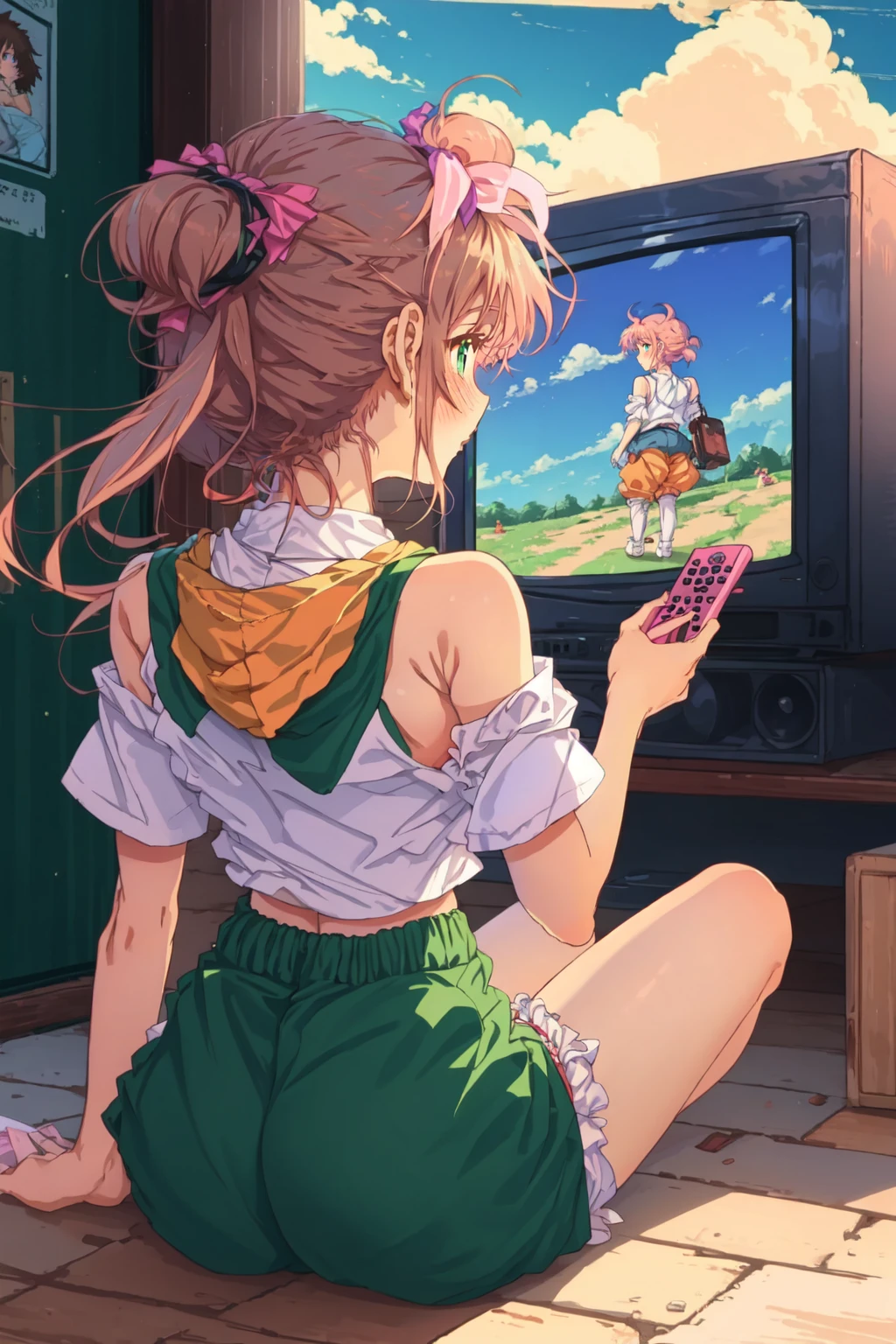 <lora:RetrowaveAnimeStyle-10:0.5> 1boy, 1girl, 2girls, animal, bare shoulders, black hair, blonde hair, blue eyes, blush, brown hair, cable, controller, frilled shirt, from behind, green shorts, hoodie, medium breasts, multiple girls, on floor, orange pants, outdoors, pink hair, poster (object), retrowaveanime style, shirt, shirt tucked in, sitting, skirt, solo, television, white shirt, window