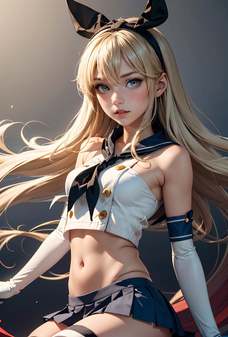 Superb and masterpiece, high resolution, best quality, UHD, super detail, award-winning, 16k, (upper body), a beautiful girl, gray hair, hair strands, ((heterochromia)), hanging eye corners, fair skin, (small breasts), (slender body), ((sailor skirt))), (neck ring)