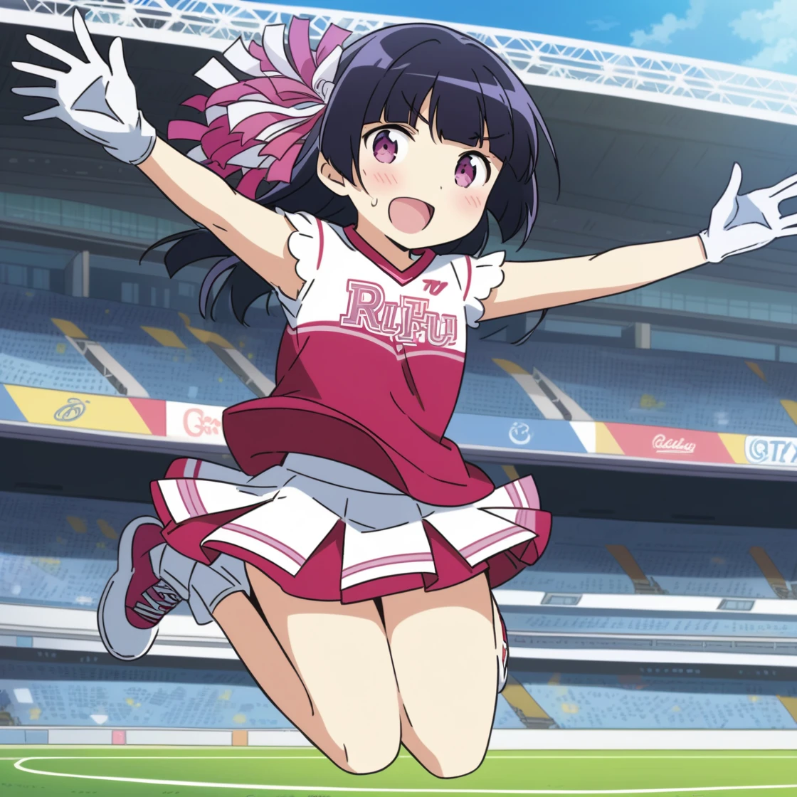 gokou ruri,<lora:ruri_XL:1>, cheerleader, jumping, open mouth, football stadium, full body, ultra-detailed, detailed, beautiful detailed eyes, beautiful detailed face, anime coloring, official style, 8K, highres, newest, late,  solo, cute