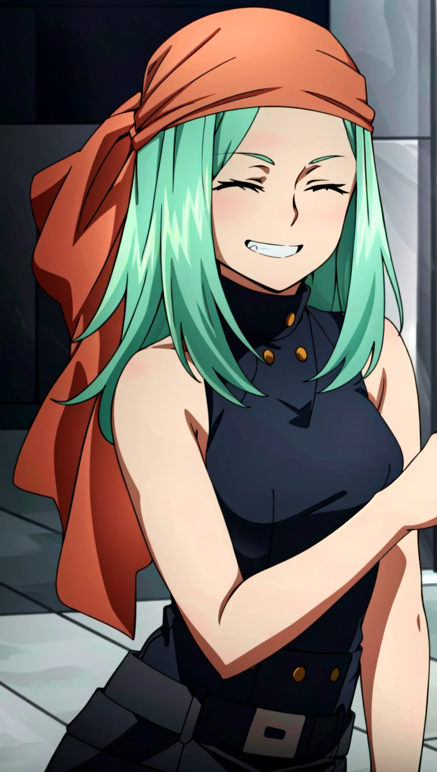 (extremely detailed CG unity 4k wallpaper),(masterpiece),(best quality),(ultra-detailed),(best illustration),(best shadow),(absurdres),(detailed background) <lora:OGT_Ms_Joke-v1:0.9> Emi Fukukado, Ms Joke, 1girl, solo, smile, green hair, closed eyes, grin, black turtleneck, bandana, long hair, star (symbol), sleeveless, armpits, breasts, bare shoulders