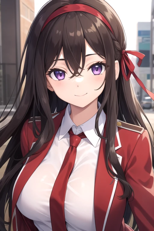 ((masterpiece)),(best quality),official art,extremely detailed CG,unity 8k wallpaper,ultra detailed,beautiful detailed eyes,extremely detailed face,street,1girl,solo,upper body,(portrait:1.5),looking at viewer,facing viewer,smile,yuuouji ouka,very long hair,brown hair,floating hair,red hairband,hair ribbon,red ribbon,hair bow,sidelocks,hair between eyes,purple eyes,red jacket,open jacket,wing collar,collared shirt,white shirt,taut shirt,long sleeves,large breasts,plaid necktie,necktie between breasts,miniskirt,grey skirt,pleated skirt,zettai ryouiki,black thighhighs,boots,<lora:Yuuouji Ouka(noucome)>,