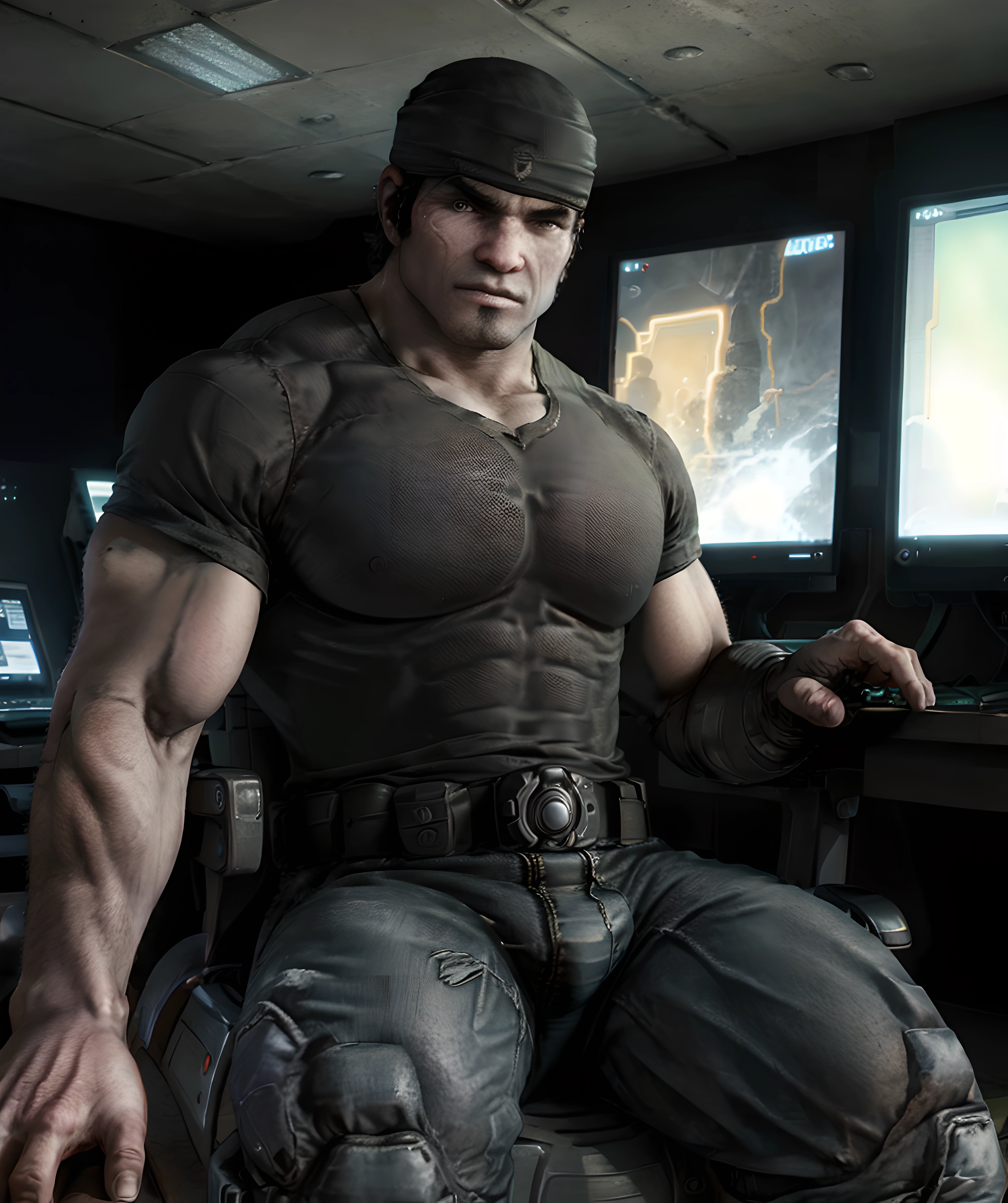 og_marcus_fenix, looking at viewer, sitting down on chair, laptop, sci-fi room, bright light, t-shirt, shirt, jeans, bandana, coding, computer <lora:OG_Marcus_Fenix:0.85>