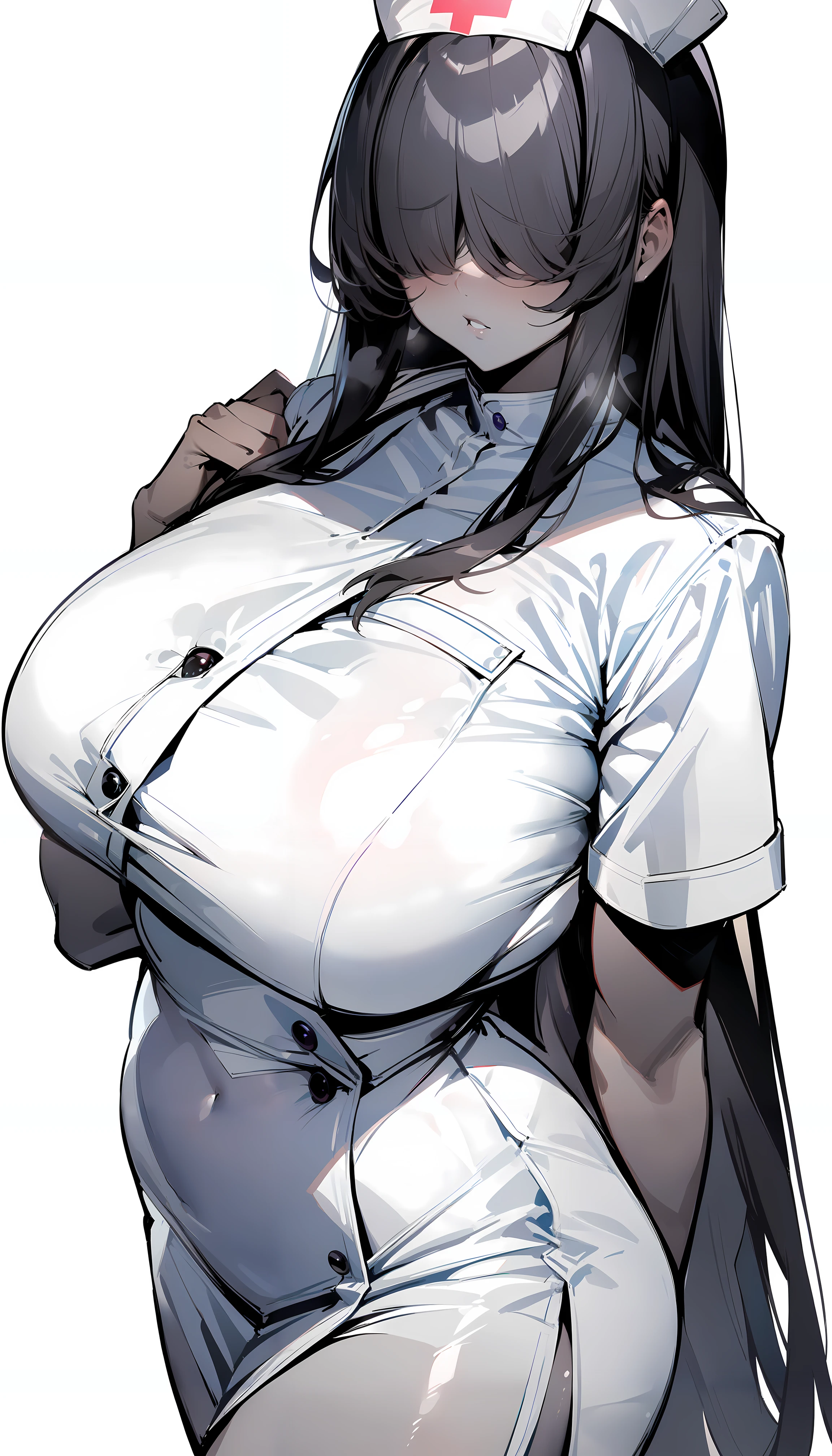 1girl, (solo), sui_xl, grey skin, black hair, hair over eyes, nurse, nurse cap, masterpiece, best quality, standing, (white background, simple background:1.5), <lora:sui_xl-000001:1>