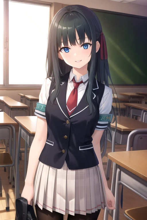 ((masterpiece)),(best quality),official art,extremely detailed CG,unity 8k wallpaper,ultra detailed,beautiful detailed eyes,extremely detailed face,classroom,1girl,solo,cowboy shot,looking at viewer,facing viewer,smile,Hayami Shizuno(hscweys),very long hair,black hair,straight hair,shiny hair,hair ribbon,blue ribbon,blue eyes,sidelocks,blunt bangs,black vest,wing collar,red necktie,dress shirt,white shirt,collared shirt,armband,short sleeves,medium breasts,miniskirt,pleated skirt,plaid skirt,black pantyhose,loafers,<lora:Hayami Shizuno(hscweys)>,
