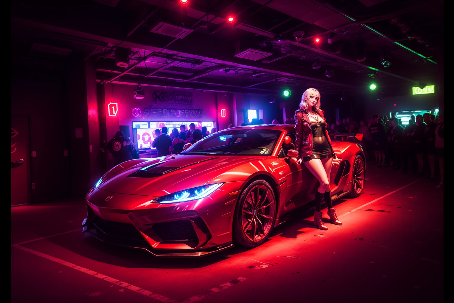 underground club,(1girl:1.2),(auto show girl:1.2),handrail,necklace,red coat,white short skirt,long hair,jewelry,wristband,light and shade contrast,<lora:20240219-1708348660407-0006:0.7>,best qualtiy,masterpiece,movie-level quality,night club,<lora:å
°ååºå°¼_v1.0:0.3>,red sports car,magazine photos,DSLR,brilliant lighting,impactful picture,exquisite details,frontal view,show girl focus,neon lights,smile,