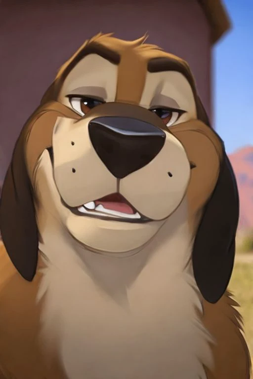 (by Meesh:1), (by darkgem:0.8), (by chunie:1), masterpiece, looking at viewer,  detailed fur, (detailed pixar eyes:1.2), detailed eyes, male, anthro, <slora:add_detail:0.4> ((Cash)), ((Canine)), Hound