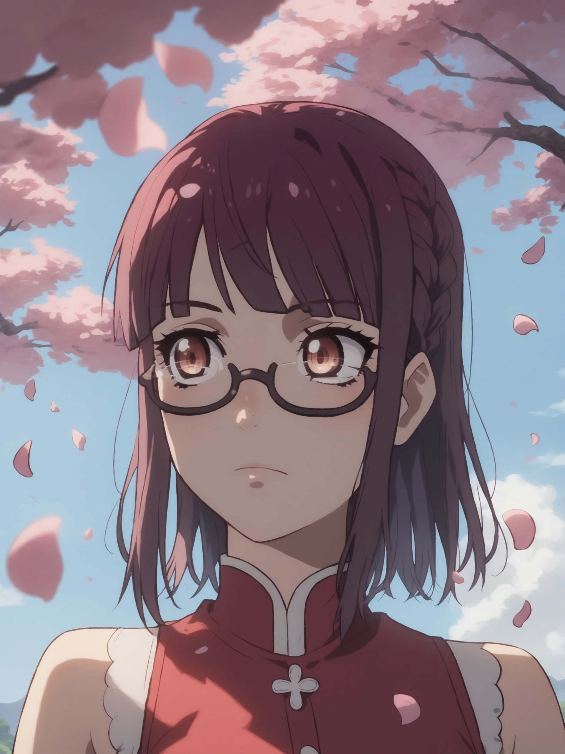 score_9, score_8_up, score_7_up, score_6_up, score_5_up, score_4_up,1girl,portrait of sum1kafuj1m1ya, long red dress, detailed, sakura bloom,falling petals, tokyo, rainbow, <lora:Sumika_FujimiyaXL_Pony_beta:1> ,glasses, solo, purple hair, brown eyes, braid, semi-rimless eyewear, short hair, blunt bangs,rating_safe <lora:Smooth Anime 2 Style SDXL_LoRA_Pony Diffusion V6 XL:1>