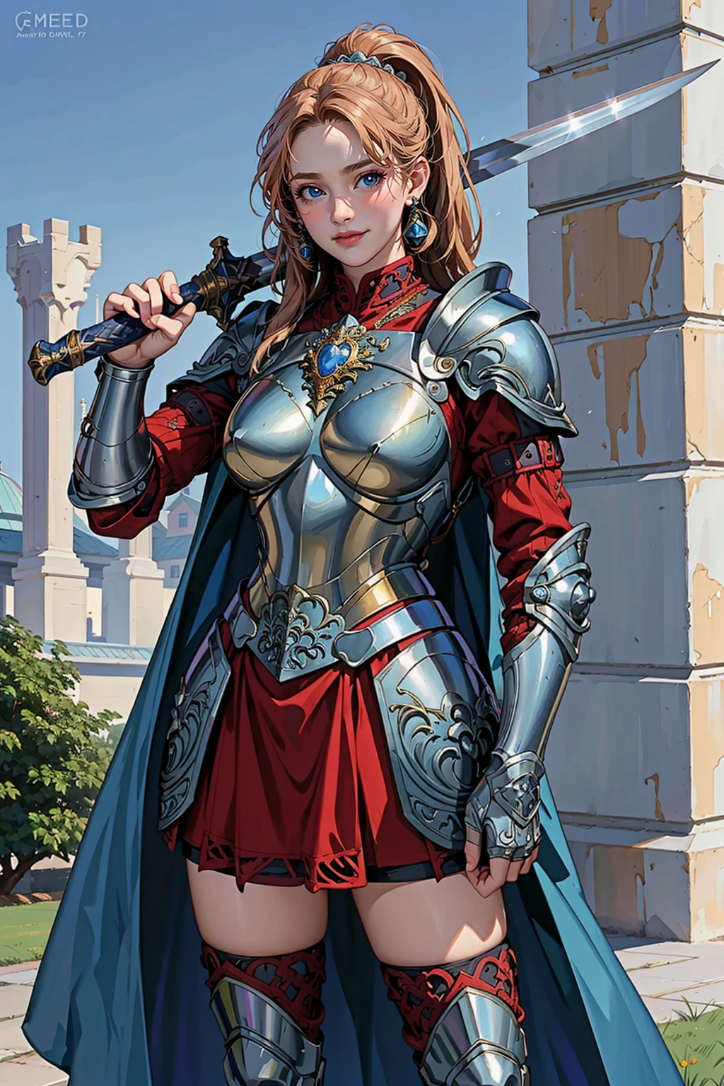 (masterpiece:1.2, best quality), (photorealistic:1.2, intricate details:1.2), Over_shoulder, 1girl, solo, sword, holding sword, ((sword over shoulder)), armor, shoulder armor, pauldrons, armored boots, vambrace, greaves, seductive smile, blush, (gothic castle), outdoor <lora:Over_shoulder:0.6>