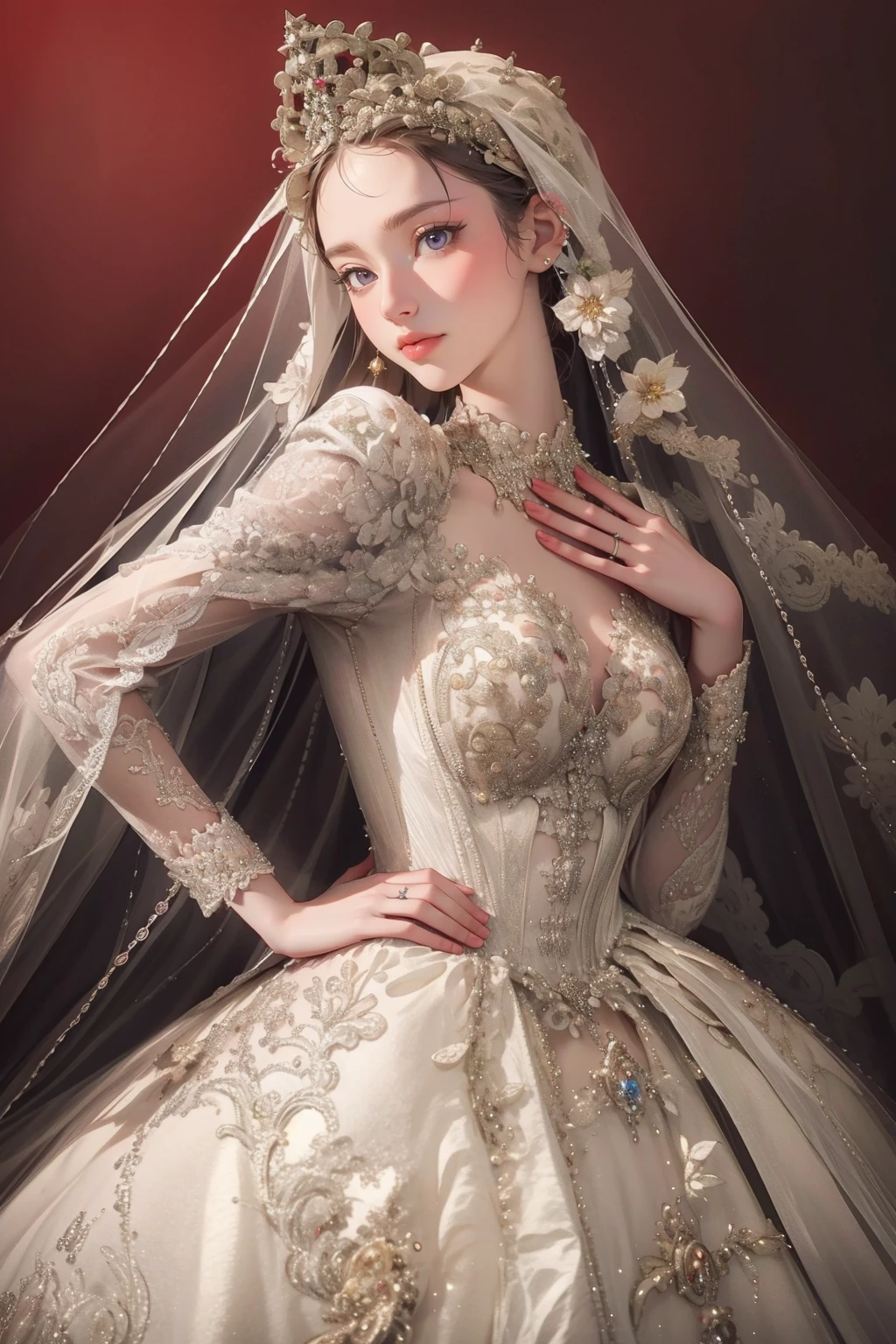 bride: wedding ring shining on ring finger Fusion of medieval European fashion Emphasis on elements of cuteness and adoration Posed illustration of the overwhelming cuteness of the character in the foreground Overwhelming architectural and cityscape background Ultra-detailed, rich, contemporary interpretation of medieval Europe and fantasy world Realistic textures, Professional artistic shading and light sources, scene-like cinematography and effects, depth of subject One beautiful girl, super cute, bob cut, side ponytail, perfect anatomy
Colours: pastel, white, pale purple, blue, gingham check
Materials: chiffon, lace, satin, velvet, etc. Silhouette: fluffy skirt, A-line, long length
Decoration: frills, ribbons, lace, pearls, embroidery etc. Coordinates Romantic princess: pastel dress, lace blouse, fluffy skirt, ribbon hair accessory, black tights Add accessories and accessories to personalise.