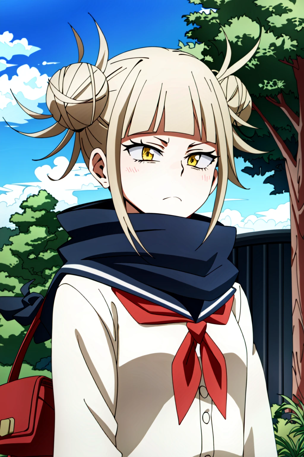 (extremely detailed CG unity 4k wallpaper),(masterpiece),(best quality),(ultra-detailed),(best illustration),(best shadow),(absurdres),(detailed background) <lora:OGT_Himiko_Toga-v1:1> Himiko Toga, 1girl, toga himiko, double bun, solo, hair bun, bangs, yellow eyes, sky, day, blonde hair, messy hair, looking at viewer, cloud, blush, blunt bangs, outdoors, blue sky, neckerchief, red neckerchief, school uniform, upper body, closed mouth, scarf, sidelocks, bags under eyes, sailor collar, teeth, serafuku, tree, frown, short hair, cardigan