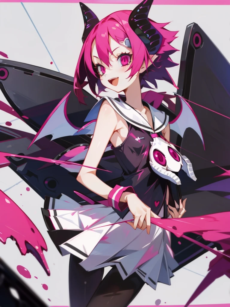 <lora:disgaea2-12:1>hanako, pink hair, red eyes, side ponytail, hair bobbles, demon girl, mini wings, pointy ears, flat chest, skinny, choker, sundress, :D, v, masterpiece, best quality
