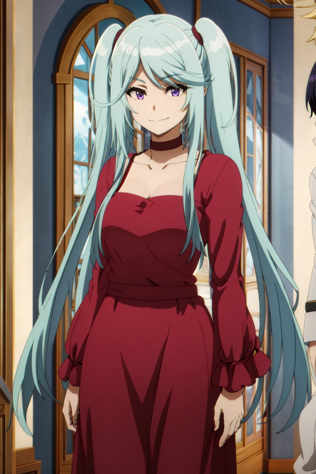 <lora:anime_screencap_v2:0.3> tall body, tall, long legs, mature female, mature, adult, <lora:GoodHands-beta2:1.4>, simple background
<lora:eft_eminence_epil:0.7> eft_eminence_epil, 1girl, twintails, purple eyes, long hair, smile, choker, looking at viewer, solo focus, multiple boys, dress, 2boys, red dress, bangs, blue hair, indoors, very long hair, collarbone, upper body, closed mouth, breasts, red choker, anime coloring, sidelocks