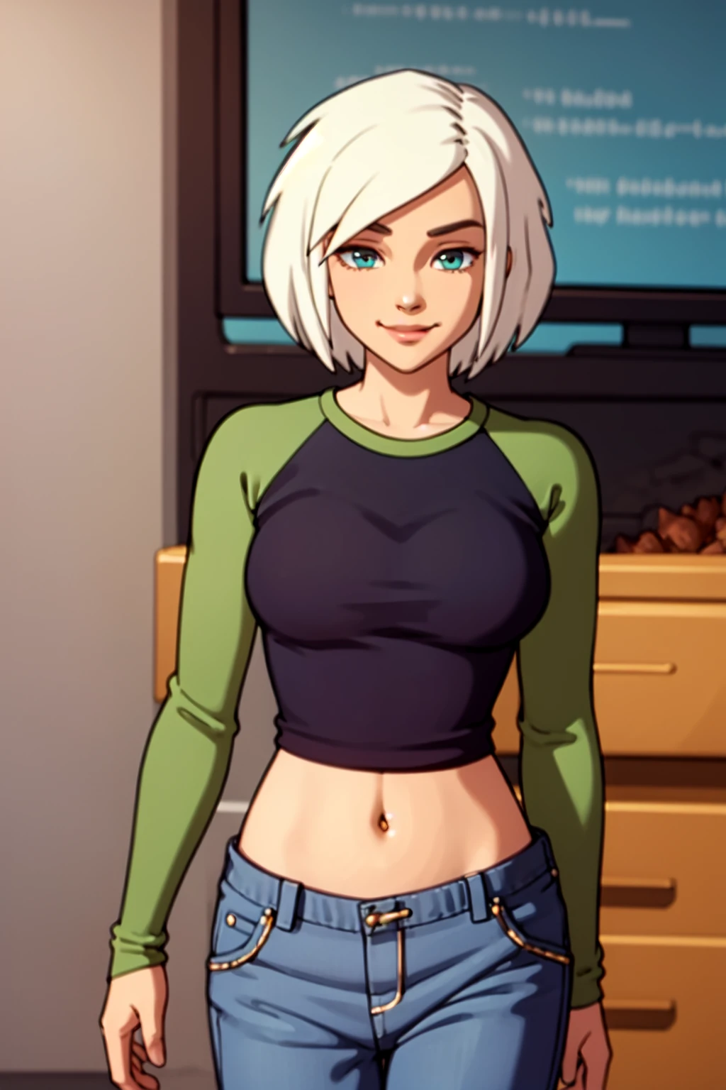 TiaGF, white hair, aqua eyes, short hair, 1girl, solo, raglan sleeves, crop top, midriff, jeans, cowboy shot, looking at viewer, smile