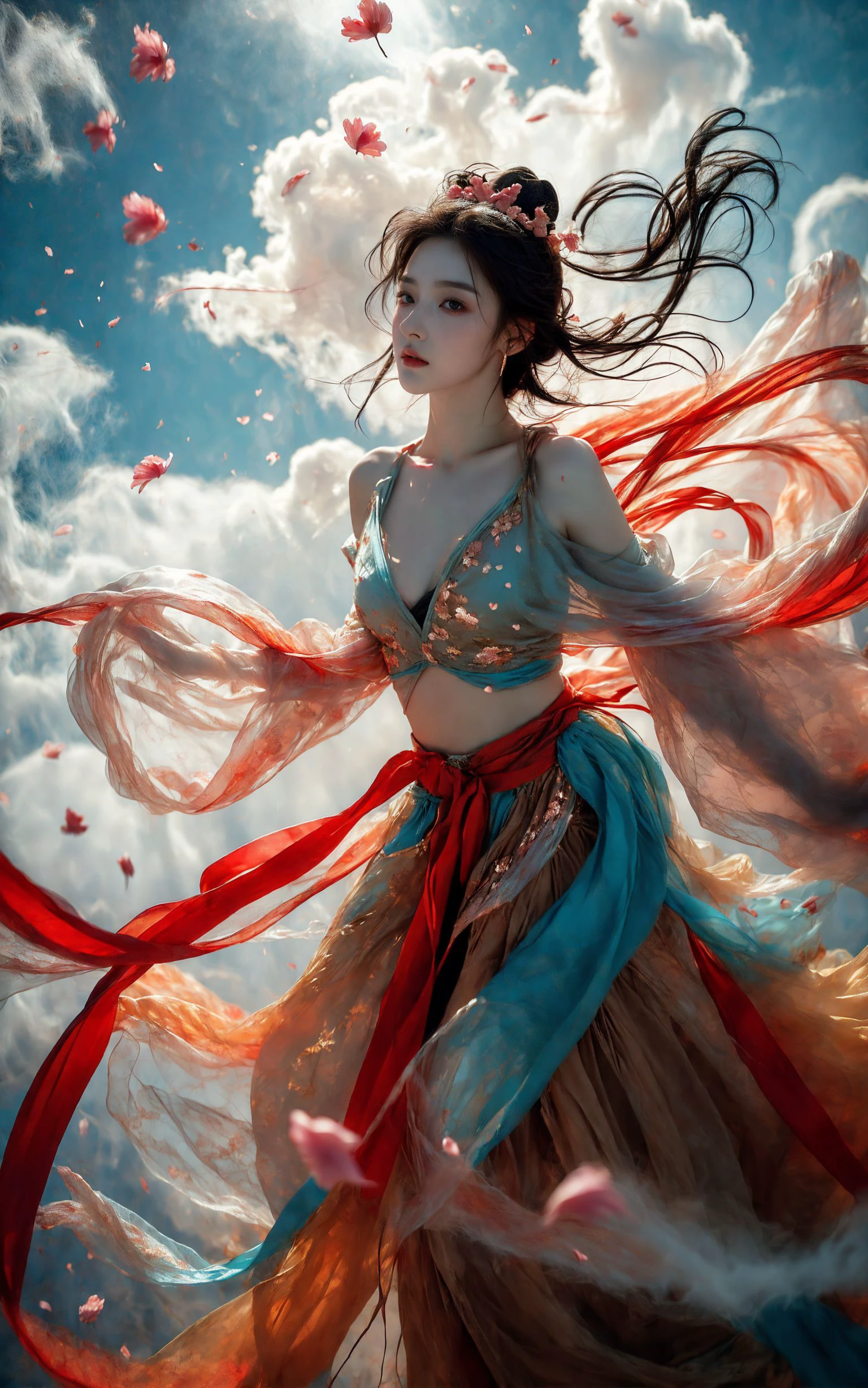 xuer Fairy in Clouds,Clouds,Fog,smoke,(full body:1.1),Fly,(float,fall:1.4),Dynamic Angle,Perspective,
medium breasts,(Scattered petal:1.3),exposed collarbone,exposed shoulders,exposed abdomen,colorful costumes,Cyan red ribbon,
<lora:~Q?-NN-NV3 xuer Fairy in Clouds:0.8>,
