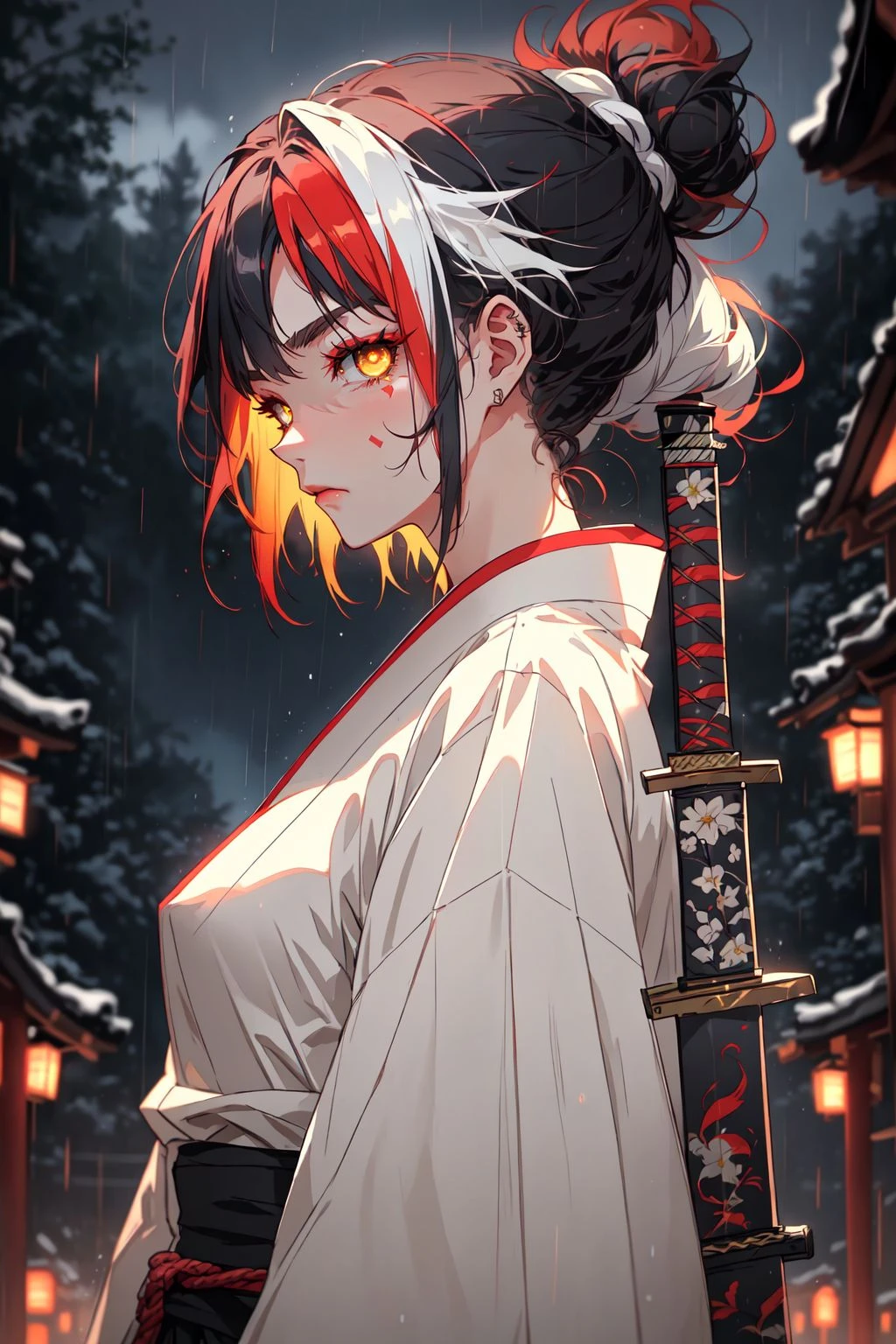 GothlyConcepts, solo, long hair, looking at viewer, 1boy, closed mouth, yellow eyes, upper body, weapon, white hair, male focus, red hair, multicolored hair, outdoors, japanese clothes, sword, blurry, from side, two-tone hair, streaked hair, profile, night, depth of field, blurry background, glowing, facial mark, katana, sheath, glowing eyes, half updo, rain, colored tips, demon slayer uniform, forked eyebrows, foreshortening, cinematic angle, cinematic lighting, masterpiece, best quality , official art ,  <lora:GothConceptV2:0.8>