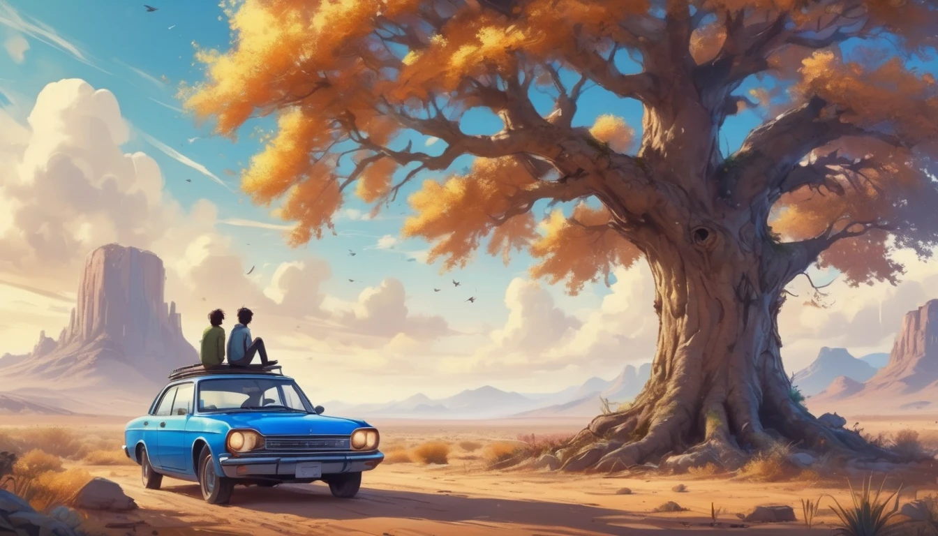 <lora:Dreamyvibes - Alt-Version - Trigger is Dreamyvibes Artstyle:1> dreamyvibes artstyle, t a blue car suspended in the air, seemingly floating above a small house . The car is positioned on top of a tree, with the trunk extending out from the house. The scene is set in a desert landscape, with a cloudy sky and mountains in the background. A person can be seen sitting in the car, possibly enjoying the view or admiring the car's height.
