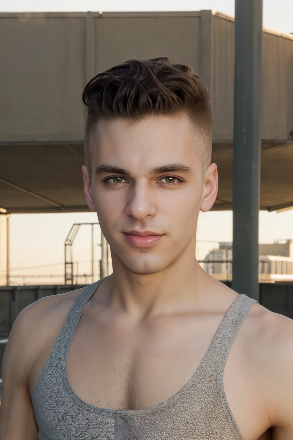 headshot, male focus, <lora:sc_jess-06:0.9>, photo of sc_jess, (undercut:0.5), wearing tank top, soft natural light, blurred urban industrial background, looking at viewer, smirk, golden hour, facing the camera