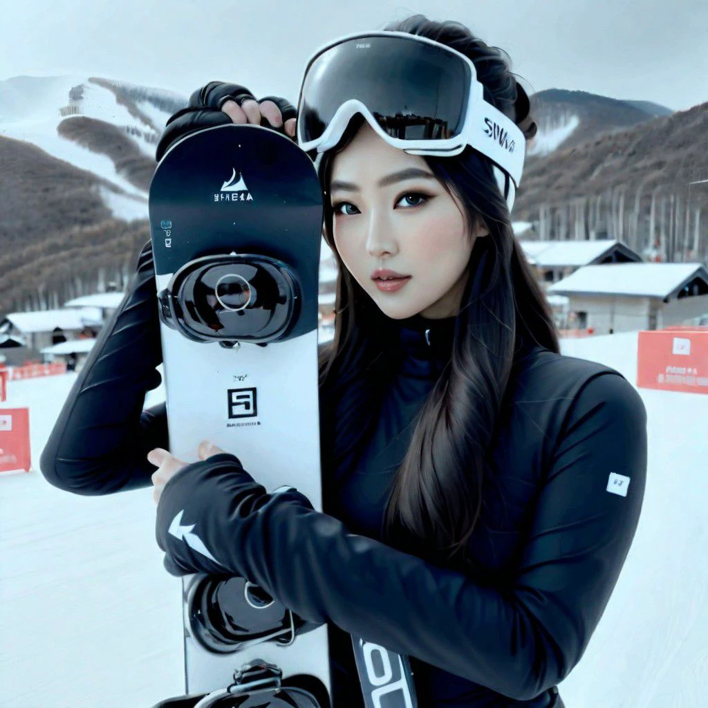 film still, snowbunnies, korean instagram model poses for a photo at a ski resort mountaintop, asian beauty, holding snowboard, black tights, ski jacket, goggles on head, detailed face, perfect makeup, long eyelashes, ((depth of field))