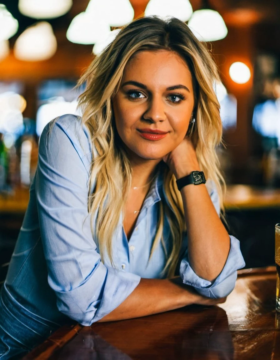 <lora:Kelsea Ballerini:1> detailed portrait of a young and beautiful ((klsbllrn woman)), seated in a country bar, shot with cinematic camera ,
