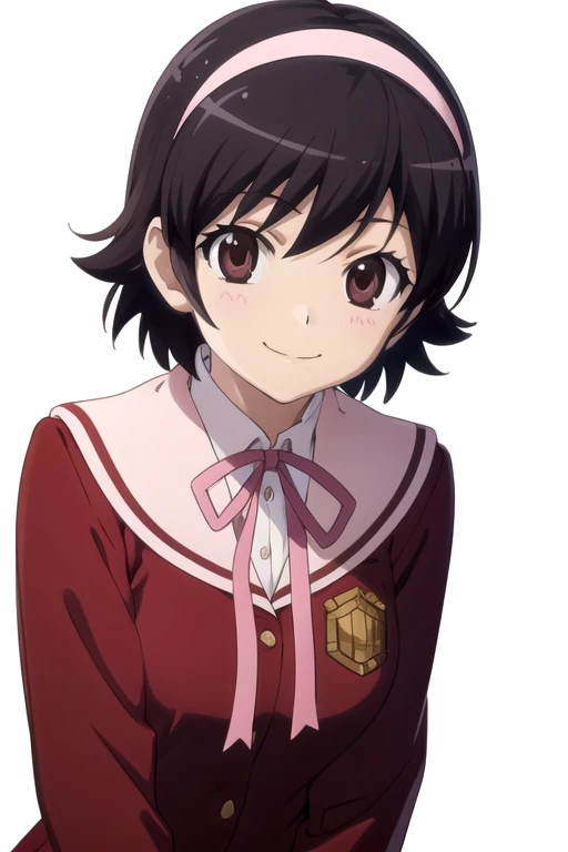 solo, 1girl, looking at viewer, 2D, anime, anime coloring, upper body, (solid white background:1.3), <lora:ayumi-kaminomi:0.8>, ayumi takahara, school uniform, looking at viewer, smile
