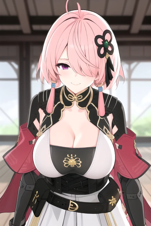 1girl, solo, indoors, blurry background, upper body, portrait, <lora:taoqiv2:0.8>, taoqi, jewelry, large breasts, cleavage, smile, ahoge, black pantyhose, medium hair, closed mouth, dress, hair ornament, belt, black gloves, tassel, skirt, pouch, hair over one eye, short hair with long locks,