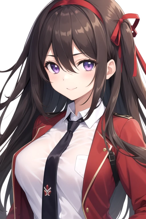 ((masterpiece)),(best quality),official art,extremely detailed CG,unity 8k wallpaper,ultra detailed,beautiful detailed eyes,extremely detailed face,street,1girl,solo,upper body,(portrait:1.5),looking at viewer,facing viewer,smile,yuuouji ouka,very long hair,brown hair,floating hair,red hairband,hair ribbon,red ribbon,hair bow,sidelocks,hair between eyes,purple eyes,red jacket,open jacket,wing collar,collared shirt,white shirt,taut shirt,long sleeves,large breasts,plaid necktie,necktie between breasts,miniskirt,grey skirt,pleated skirt,zettai ryouiki,black thighhighs,boots,<lora:Yuuouji Ouka(noucome)>,